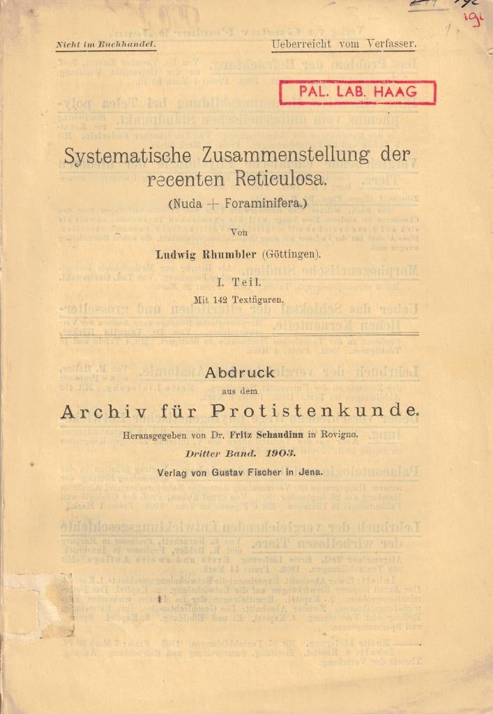 Systematische Zusammenstellung der recenten Reticulosa, Gelezen, Ludwig Rhumbler, Overige wetenschappen, Ophalen of Verzenden