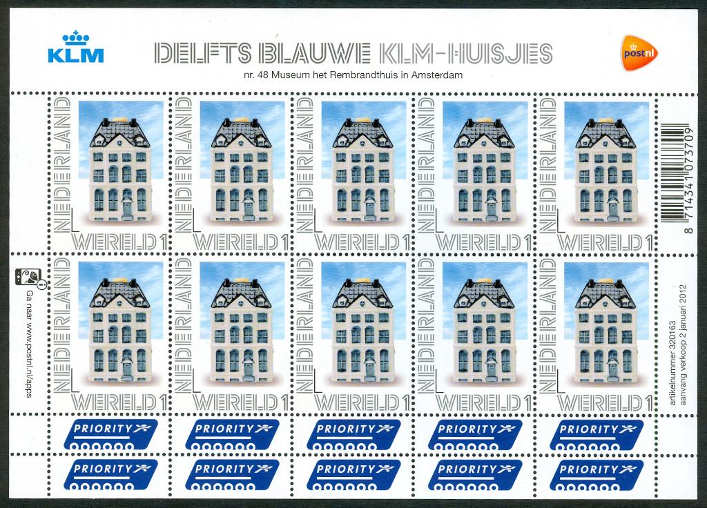 Ned. NVPH V2899 Pers. zegels Delftsblauwe KLM-huisjes 2012, Postzegels en Munten, Postzegels | Nederland, Ophalen of Verzenden