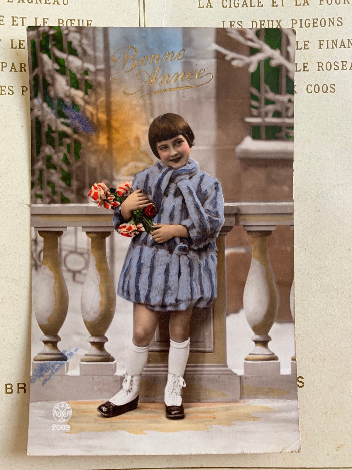 Bonne Année - meisje in paarse bontjas (GO), Ophalen of Verzenden, Voor 1920, Gelopen, Feest(dag)