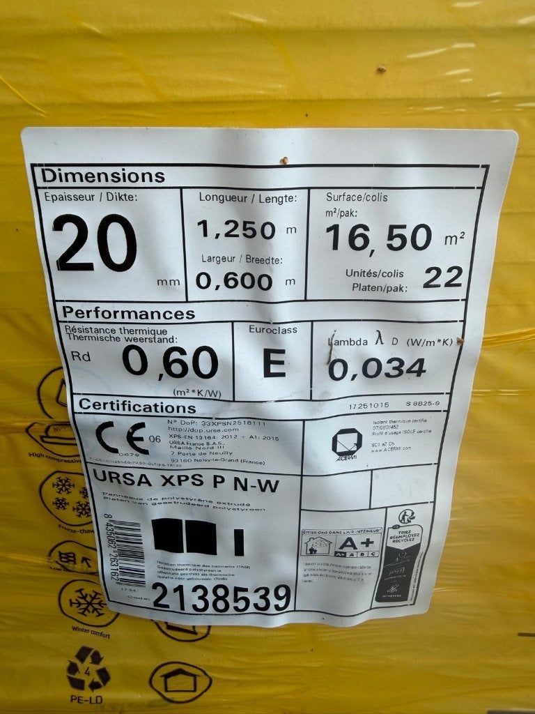 2 pakken XPS isolatieplaten 20mm dik - URSA XPS P N-W, Nieuw, Hardschuim (Pir), 15 m² of meer, Vloerisolatie