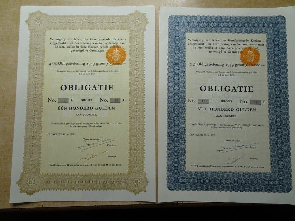 2 verschil. Obligaties Ver. Gereformeerde Kerken. Groningen, Ophalen of Verzenden, Aandeel