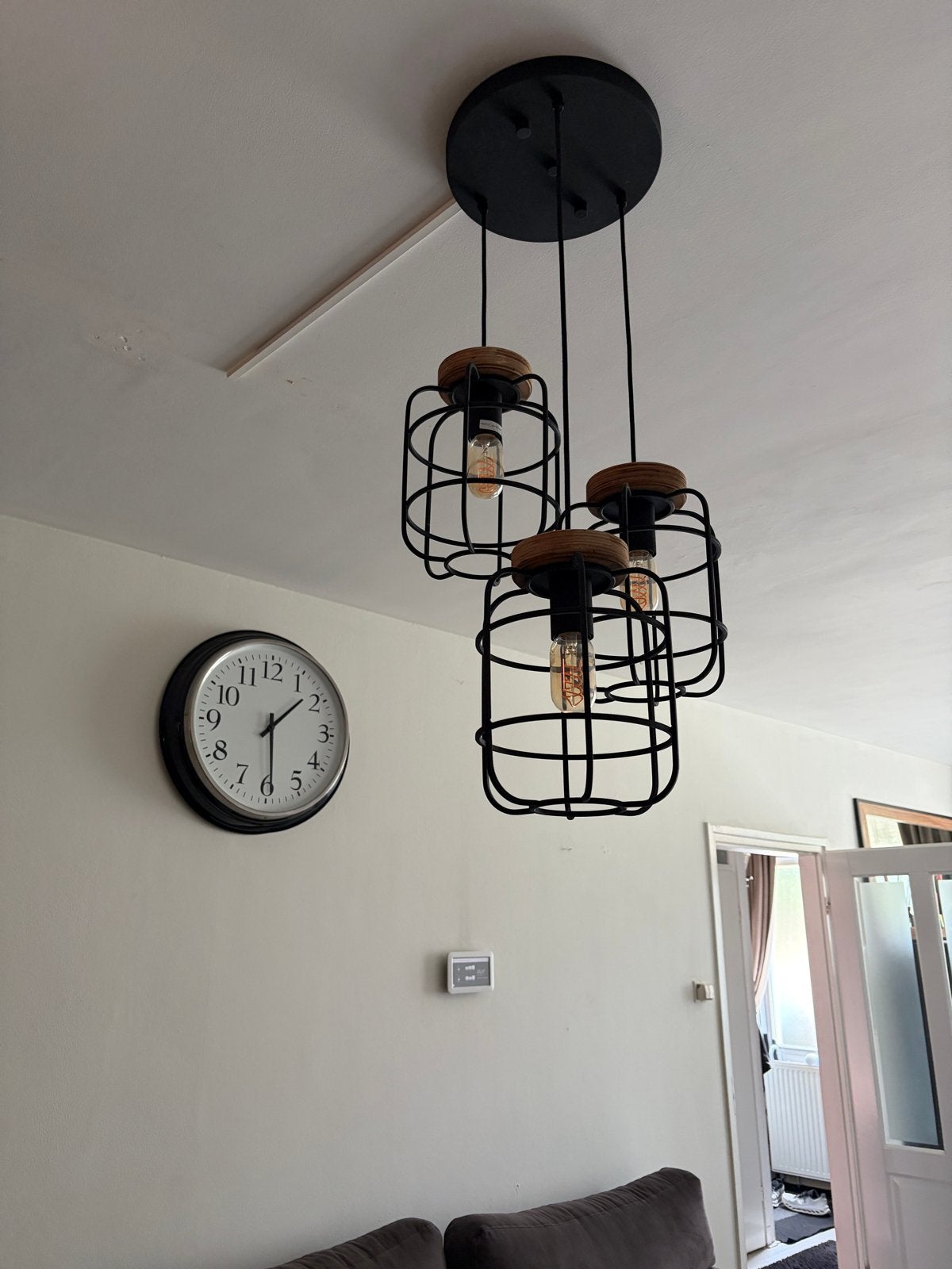 Industriële hanglamp met 3 kooilampen, Ophalen of Verzenden, Gebruikt, Metaal, E27 (groot)