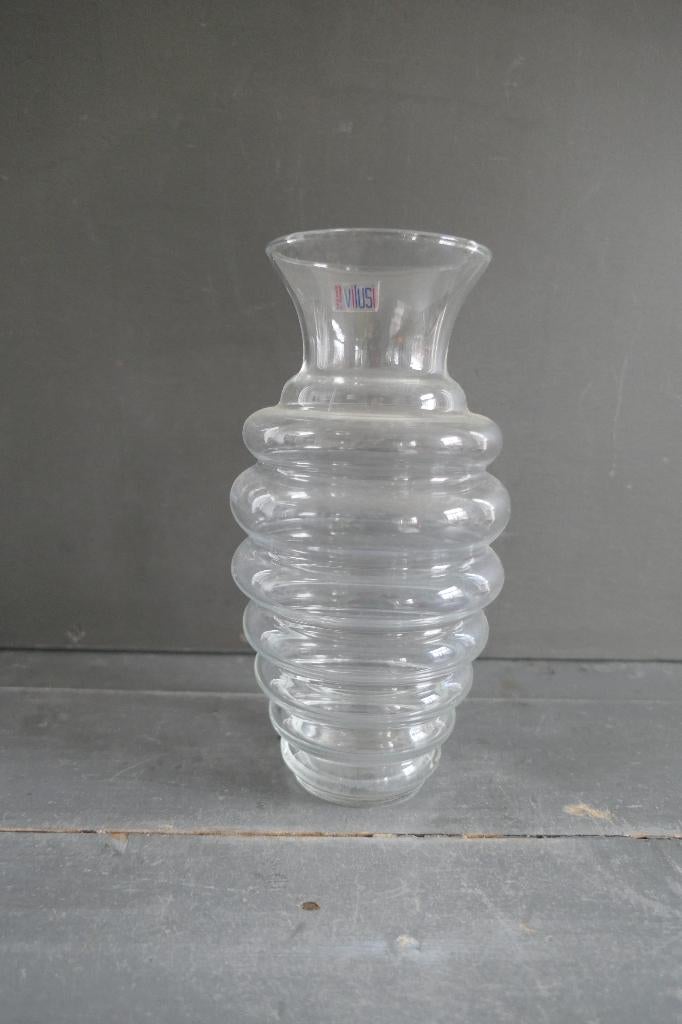 Vilusi glazen transparante geringde vaas handmade Portugal, Overige kleuren, Verzenden, Minder dan 50 cm, Glas