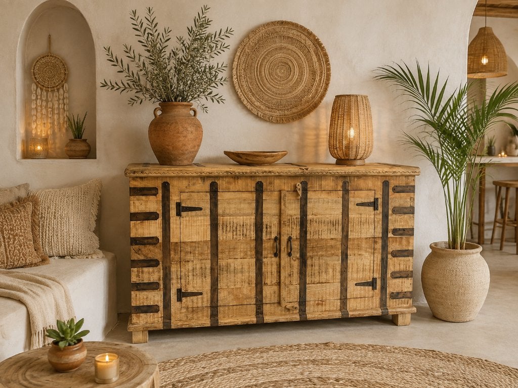 Uniek Dressoir van Mangohout met Metaal afkomstig uit India, Met deur(en), Ibiza/Boho/Botanisch, 150 tot 200 cm, Nieuw
