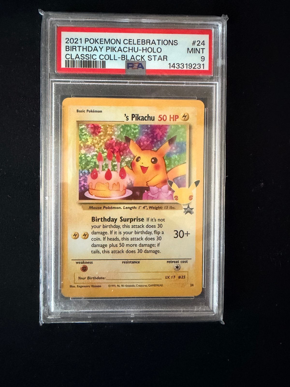 PSA 9 2021 Pokemon Celebrations Birthday Pikachu Holo, Ophalen of Verzenden, Zo goed als nieuw, Losse kaart, Foil
