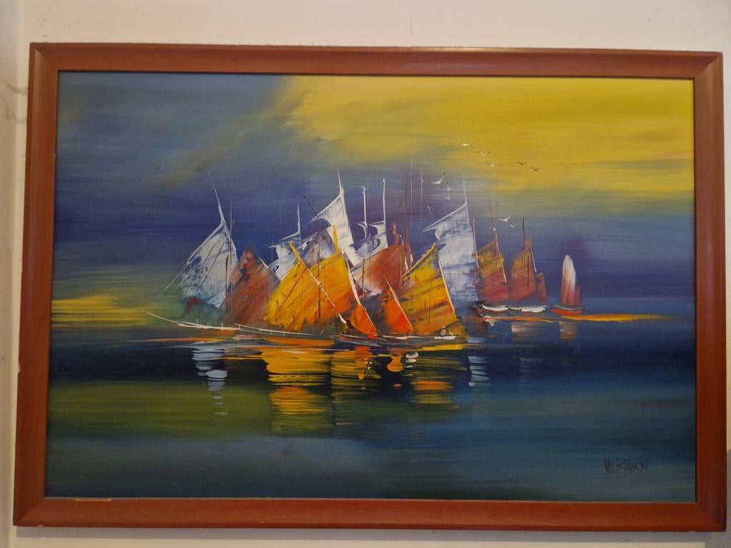 Schilderij van Wilkinson - Zeilschepen op Zee, Antiek en Kunst, Ophalen of Verzenden