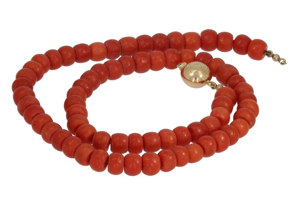 Kaasjes bloedkoraal antieke ketting 14k slot goud dame fraai, Ophalen of Verzenden, Goud, Ketting, Met edelsteen