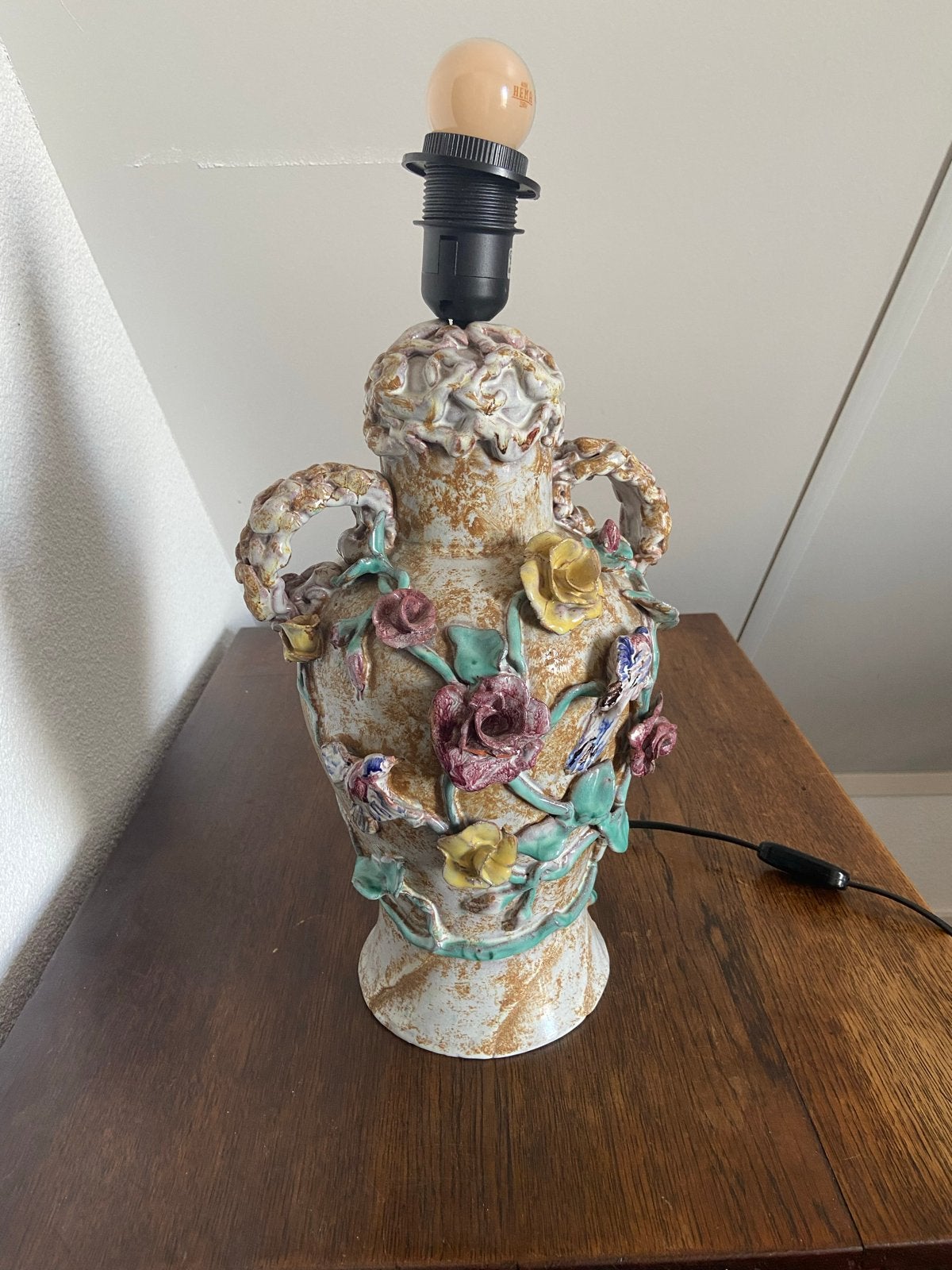 Unieke Vintage Keramische Tafellamp met Bloemen, Ophalen