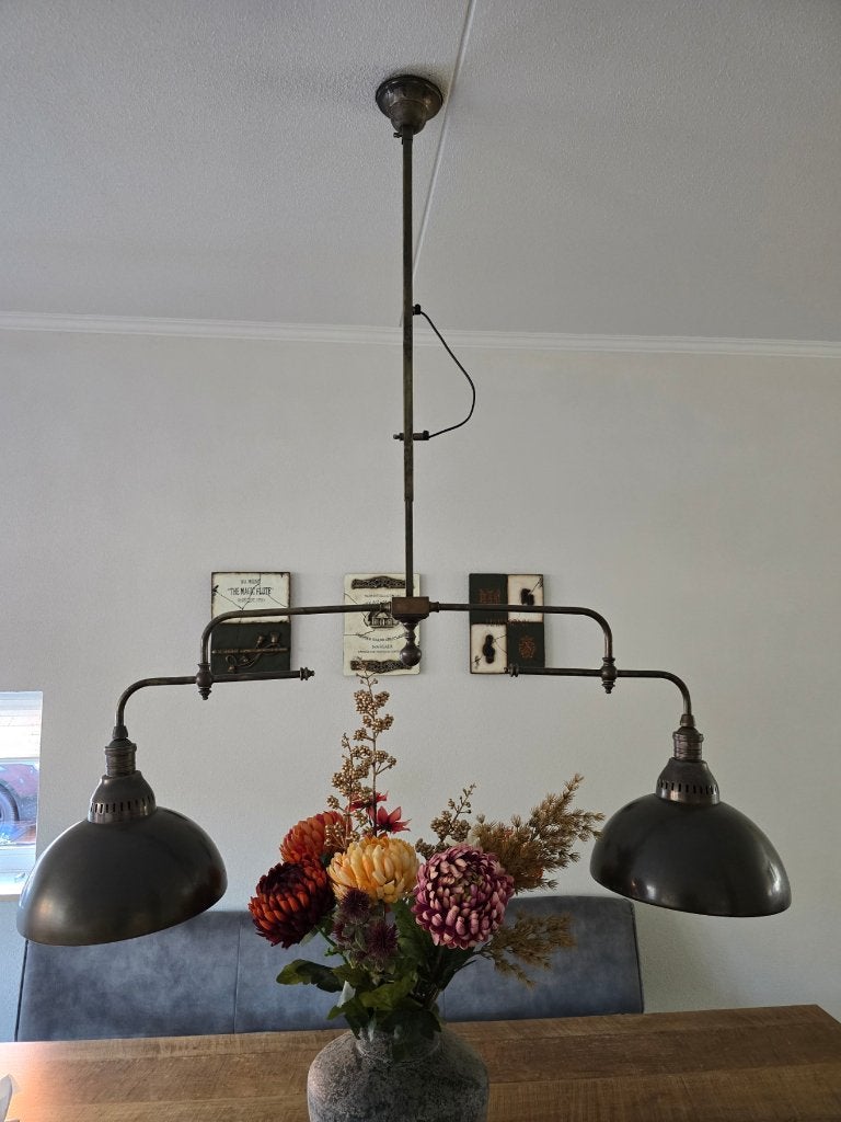 hanglamp in oud zilver in hoogte verstelbaar twee schalen, Ophalen, Gebruikt, Metaal, E27 (groot)