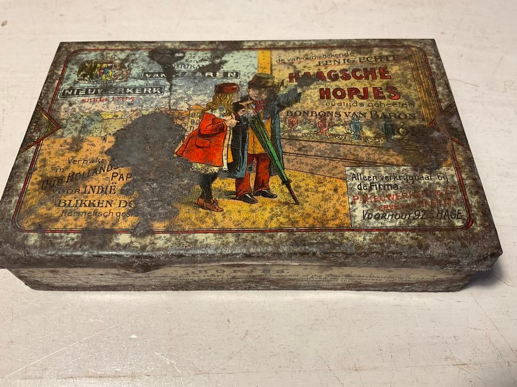 Oud blikje Haagse Hopjes afmetingen 12,5x8x2,5 cm, Ophalen of Verzenden, Gebruikt, Overige, Overige merken