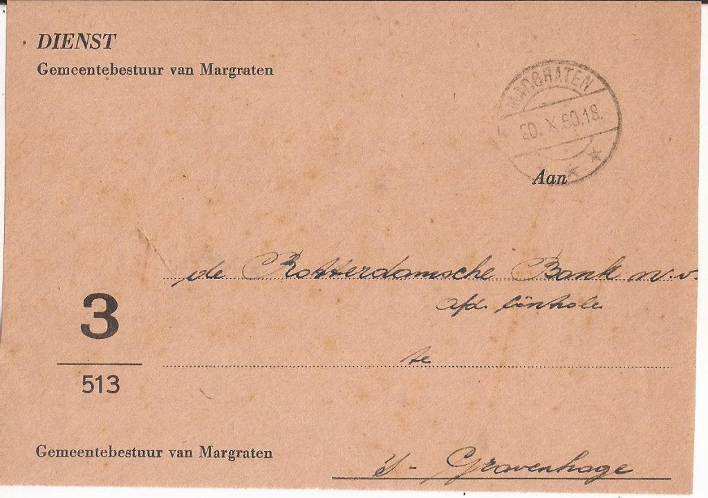 MARGRATEN 1960 Front van Dienstenvelop Gemeentebestuur, Verzamelen, Ophalen of Verzenden, 1960 tot 1980, Gelopen, Limburg