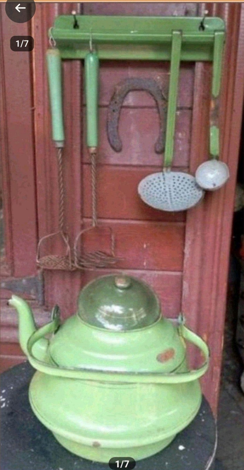 Vintage Groen Emaille Lepelrek & Theepot Set, Antiek en Kunst, Ophalen of Verzenden