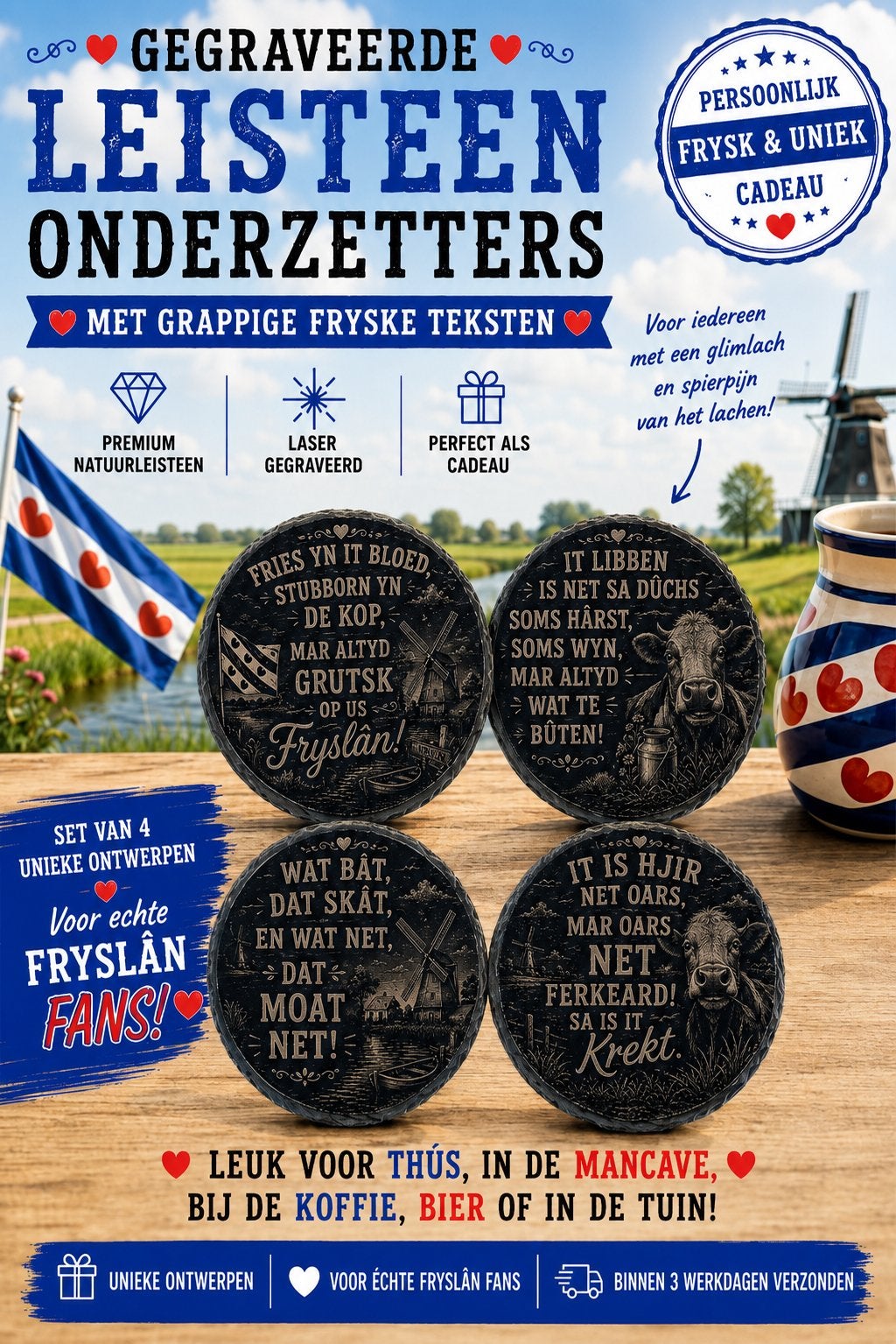 Friese spreuken leisteen onderzetters. Humor cadeau, Huis en Inrichting, Woonaccessoires | Tekstborden en Spreuken, Verzenden