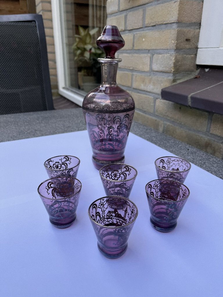 Vintage Paarse Karaf met 6 Borrelglaasjes - Oosters Design, Antiek en Kunst, Ophalen of Verzenden