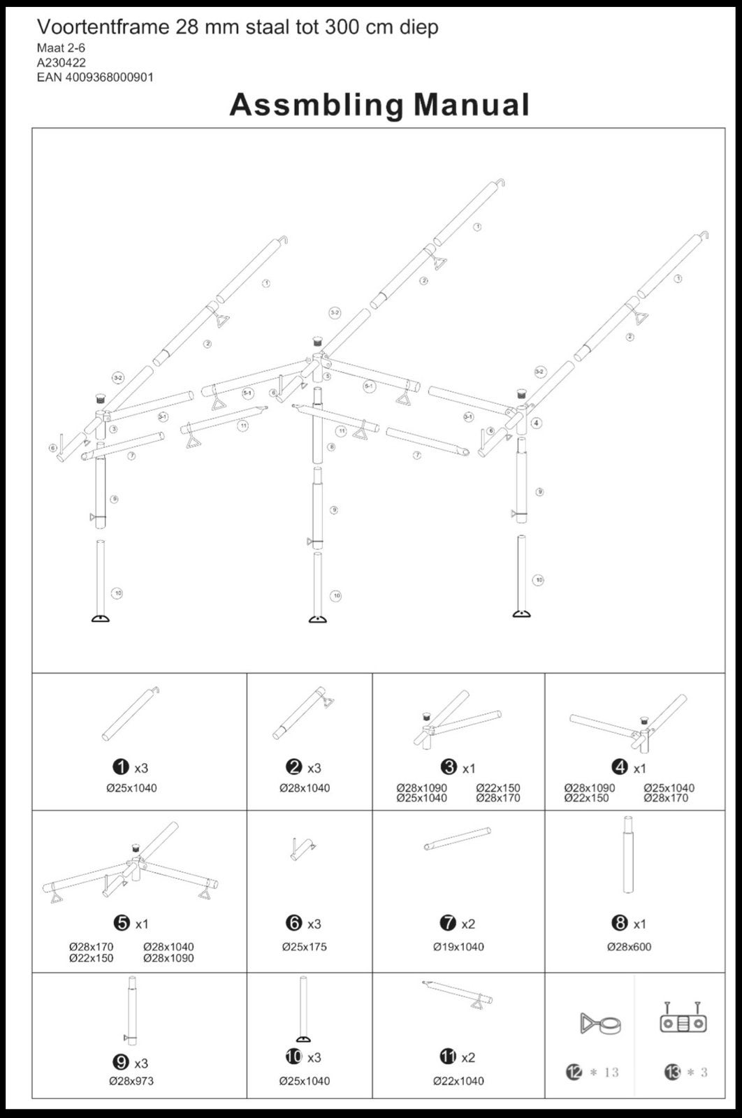 Voortentframe 28 mm staal, maat 2-6, tot 300 cm diep, Caravans en Kamperen, Ophalen