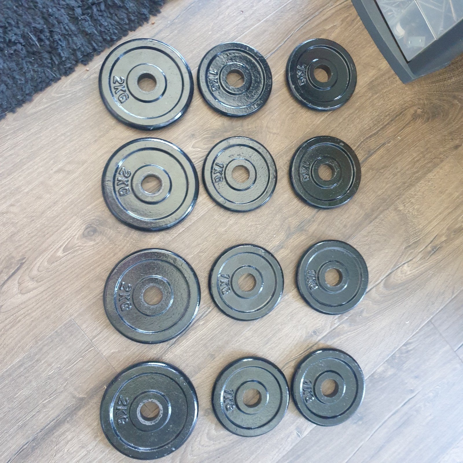 12 schijven 28mm 16kg totaal gietijzer, Sport en Fitness, Fitnessmaterialen, Ophalen, Zo goed als nieuw, Benen, Halterschijven