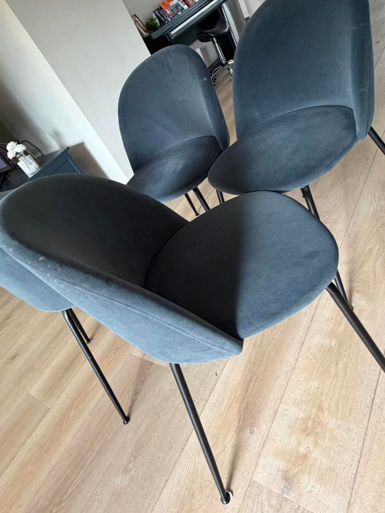 Set van 4 moderne fluwelen Woood eetkamerstoelen - Grijs, Ophalen, Zo goed als nieuw, Vier, Stof