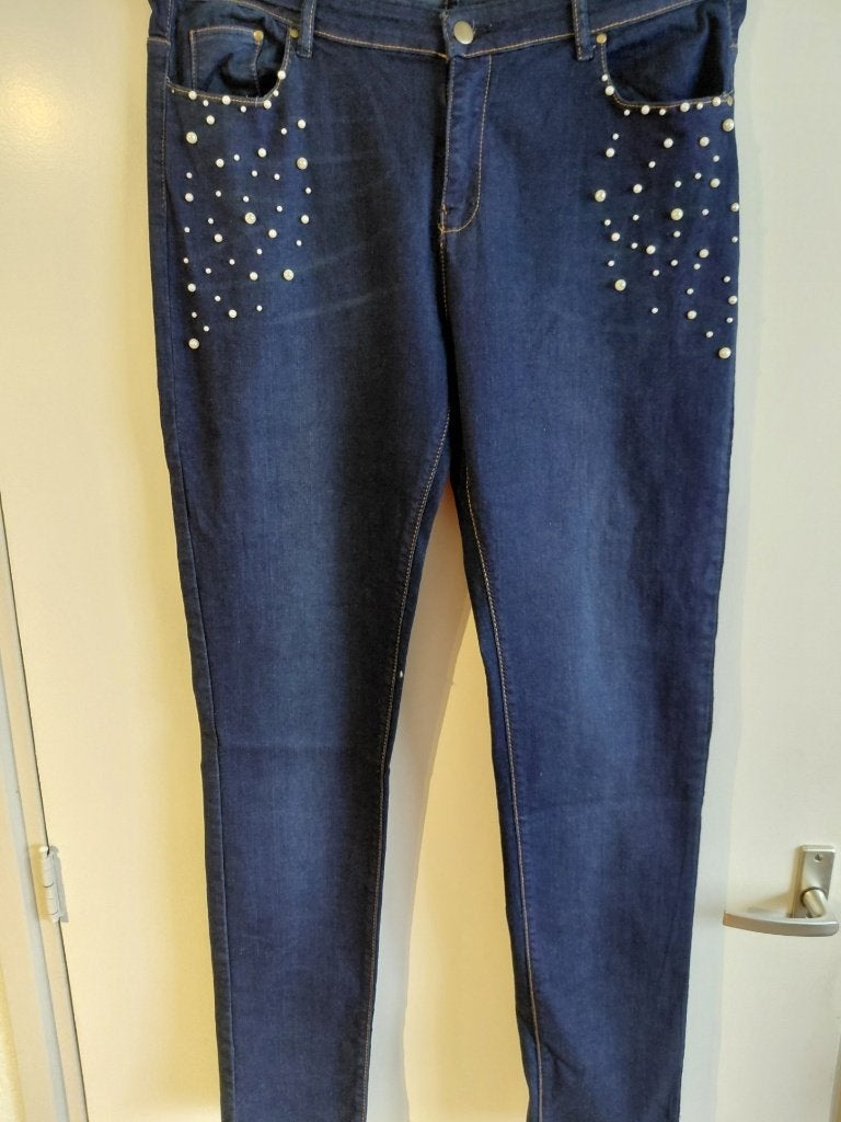 Jeans mt XL pareltjes blauw, Ophalen of Verzenden, Zo goed als nieuw, Blauw, Overige jeansmaten