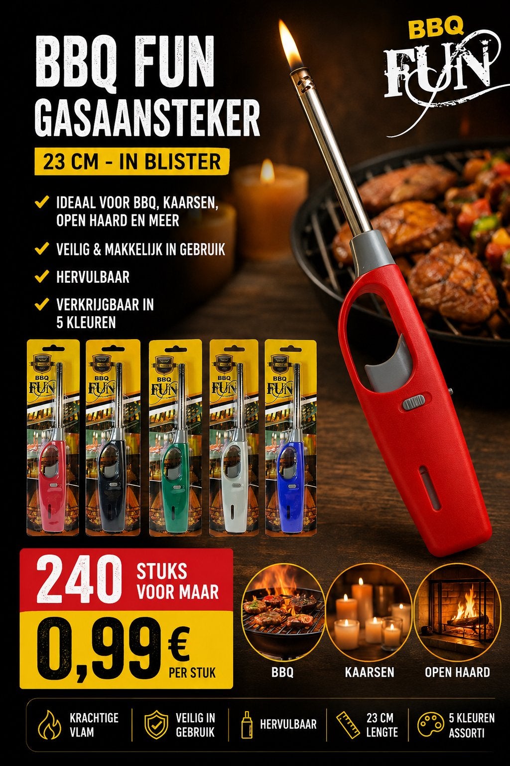 BBQ Fun Gasaansteker 23 cm - Navulbaar in Blister, Ophalen of Verzenden, Nieuw