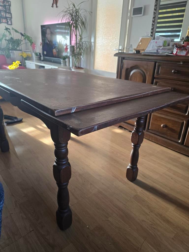 Uitschuifbare Eiken Eettafel (50 jr oud) met 4 Leren Stoelen, Gebruikt, Eikenhout, 200 cm of meer, Vijf personen of meer