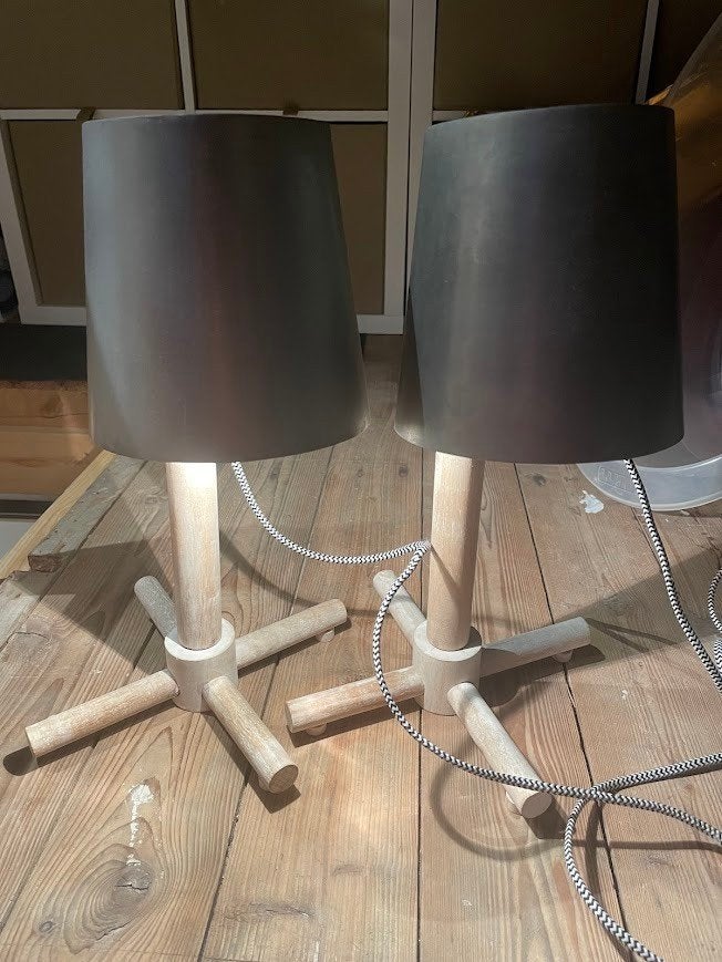 Set van 2 Loods 5 tafellampen – hout & zilver – industrieel, Gebruikt, Ophalen of Verzenden, Sfeerlamp, Industrieel