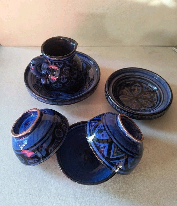 Handgemaakt Marokkaans Aardewerk Servies - Blauw, Antiek en Kunst, Ophalen of Verzenden