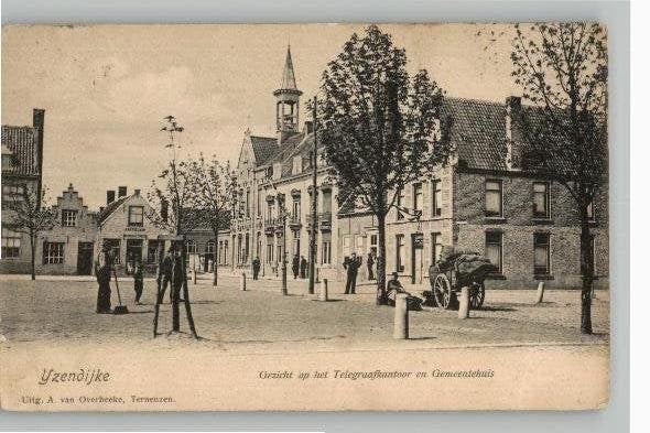 IJzendijke Telegraafkantoor en Gemeentehuis st 1908 TOPKAART, Verzenden, Voor 1920, Gelopen, Zeeland