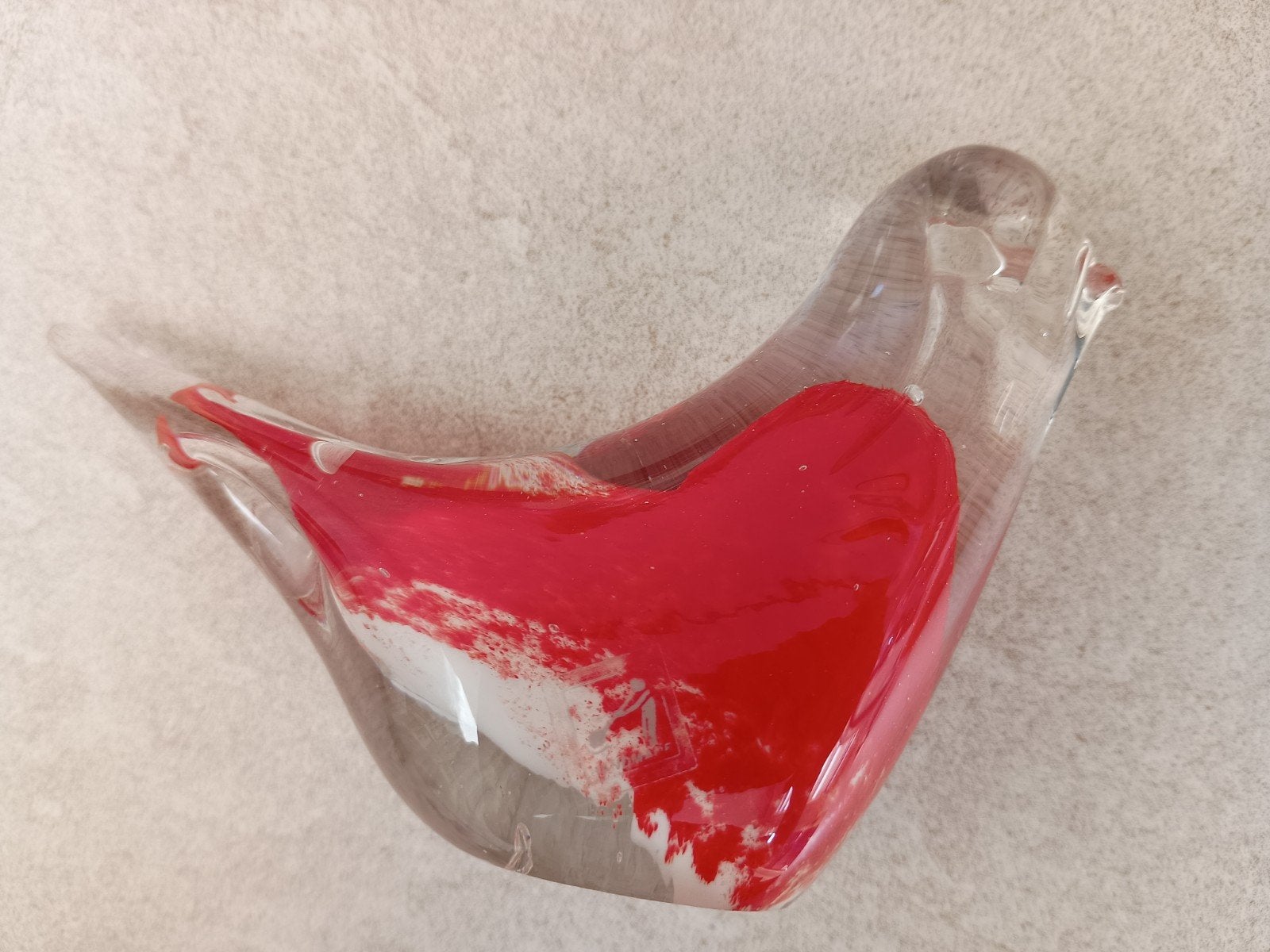 Mooie glazen vogel met etiket, rood/wit, 15x8 cm, Ophalen of Verzenden