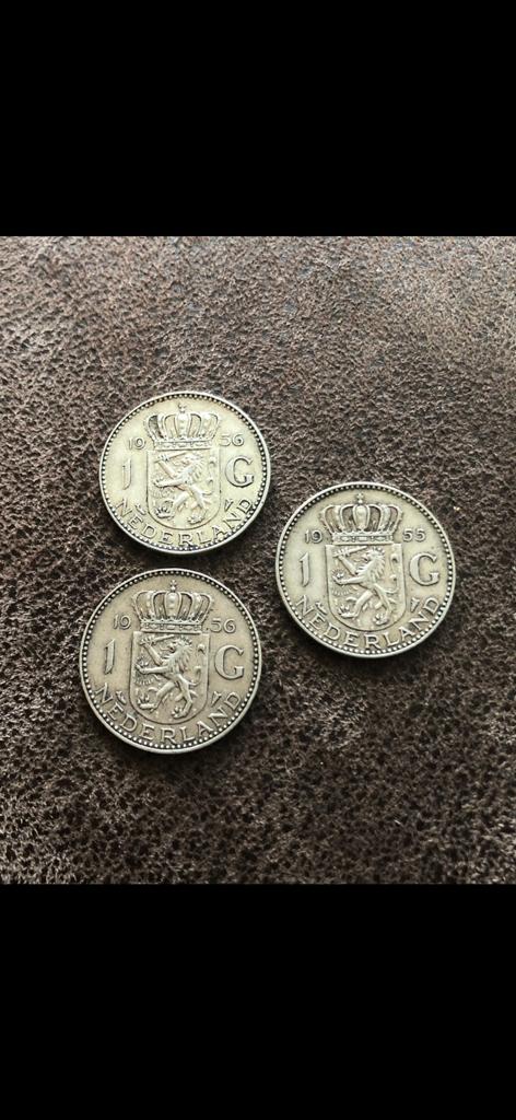 3x 1 Gulden Juliana 2x 1956 en 1x 1955 Zilver, Postzegels en Munten, Munten | Nederland, Ophalen, 1 gulden, Koningin Juliana, Setje