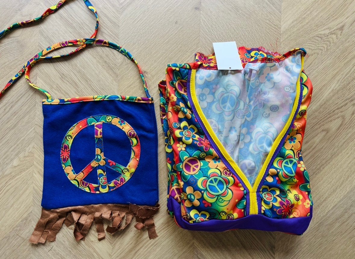 Hippie Flower Power Kostuum 3-delig – XL, Carnaval, Maat 46/48 (XL) of groter, Ophalen of Verzenden, Zo goed als nieuw