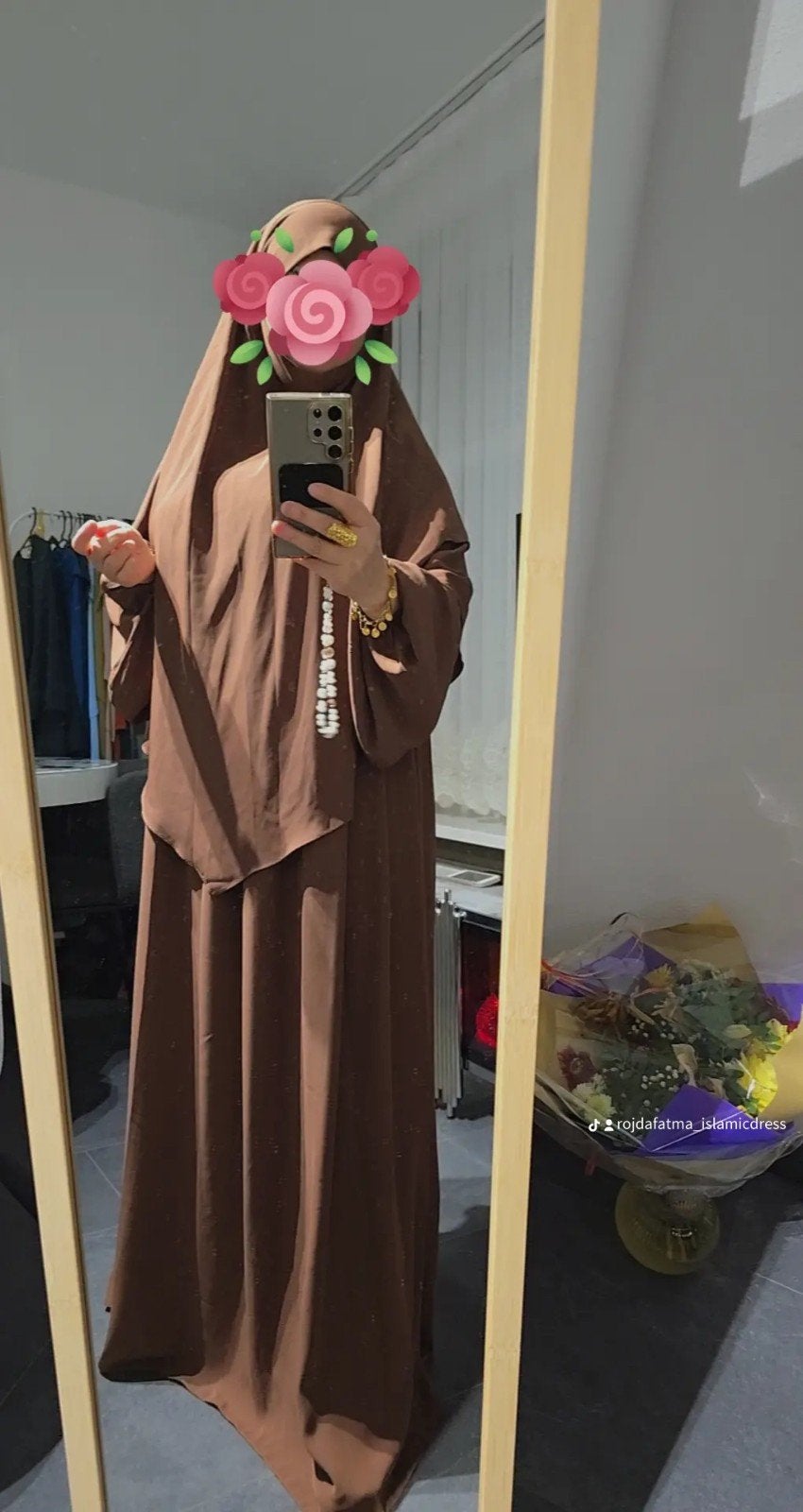 Elegante bruine abaya met hoofddoek, Maat 38/40 (M), Bruin, Ophalen of Verzenden, Onder de knie