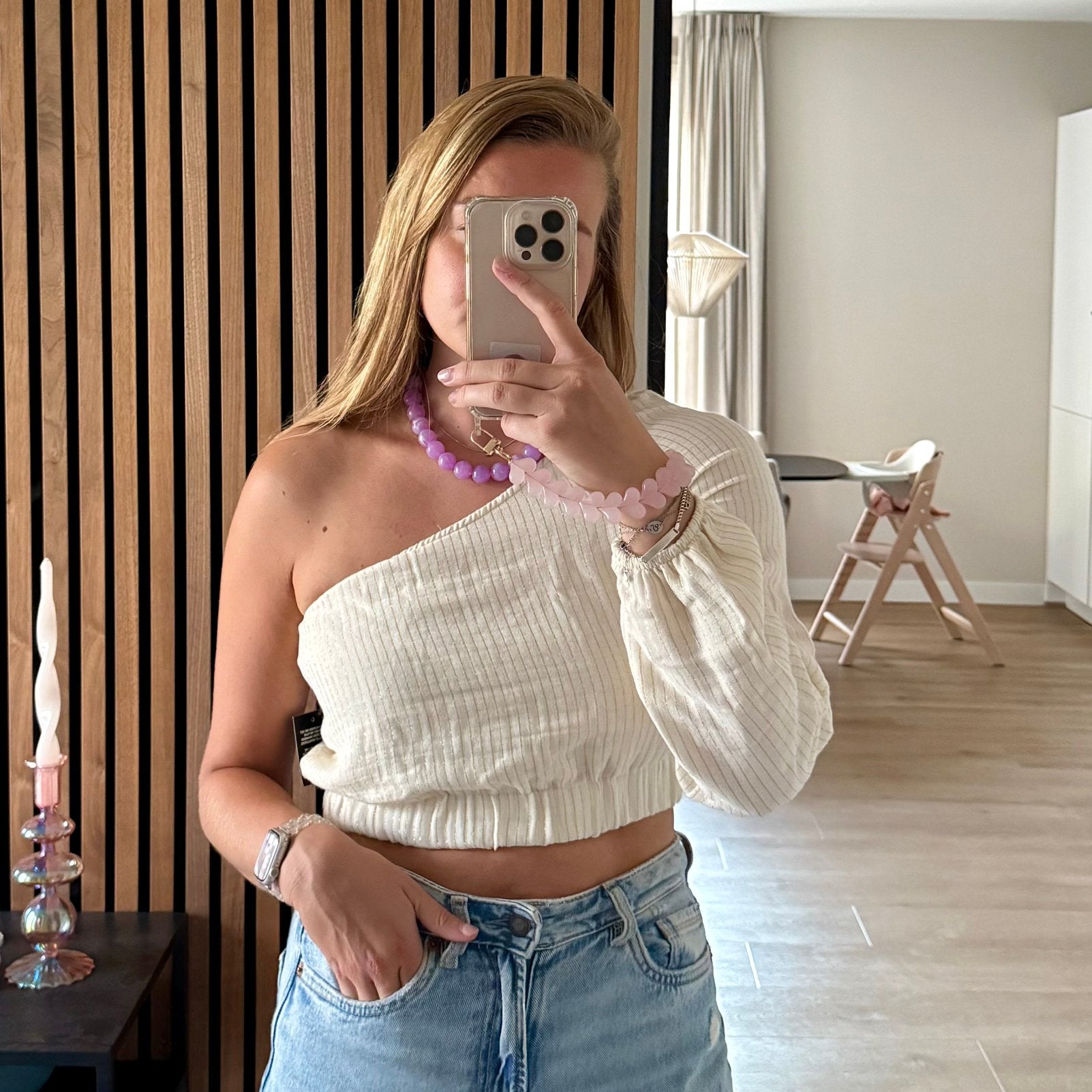 Creme wit goud glitter one shoulder crop top Most Wanted, Maat 38/40 (M), Beige, Nieuw, Ophalen of Verzenden