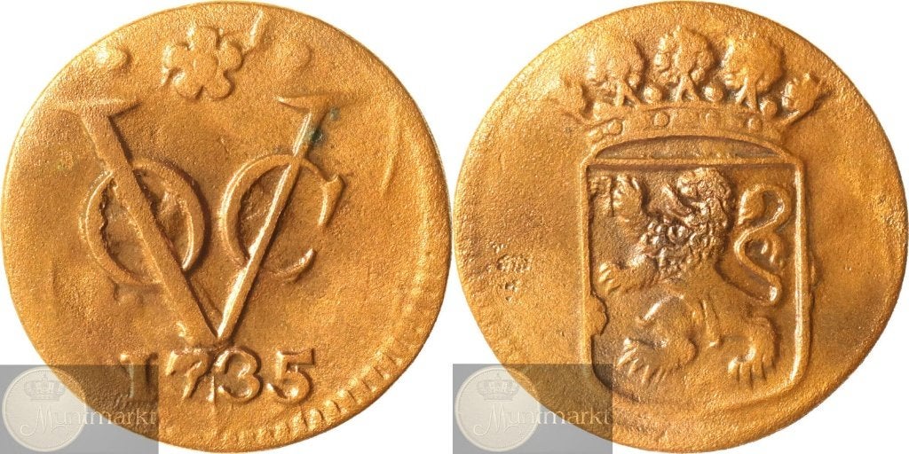 V.O.C. - Holland - Duit 1735 over 1734 jaartalwijziging, Ophalen of Verzenden, Vóór koninkrijk, Overige waardes, Losse munt