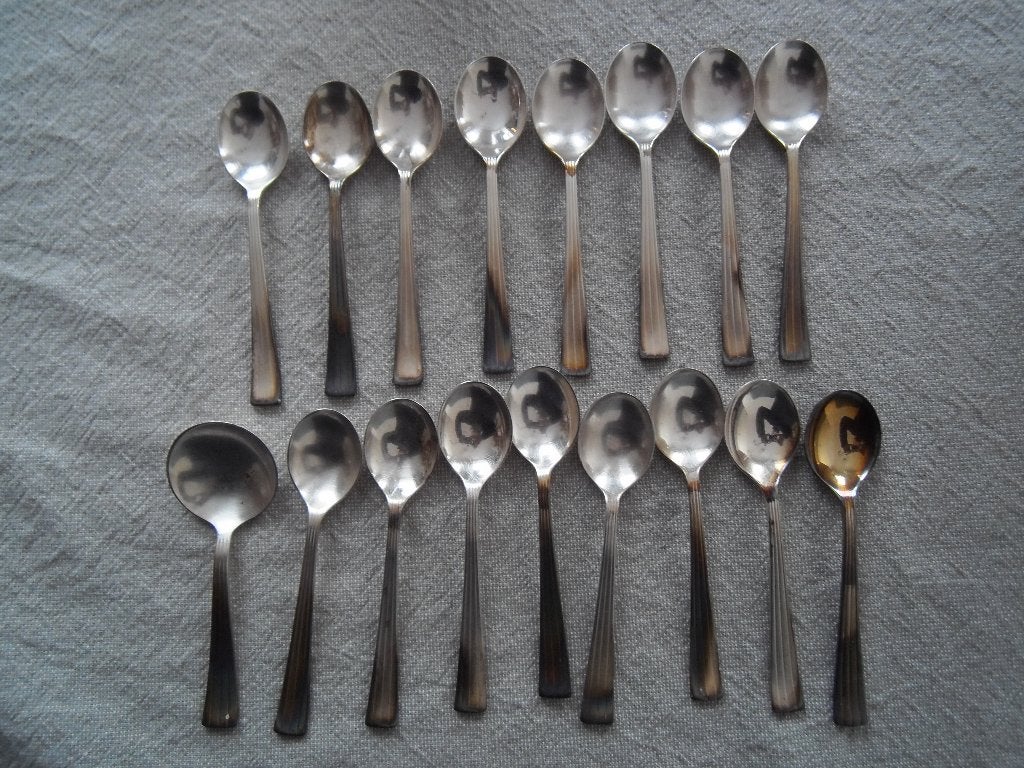 16 Douwe Egberts thee lepeltjes Empire 1 suikerschep, Ophalen of Verzenden, Gebruikt, Zilver