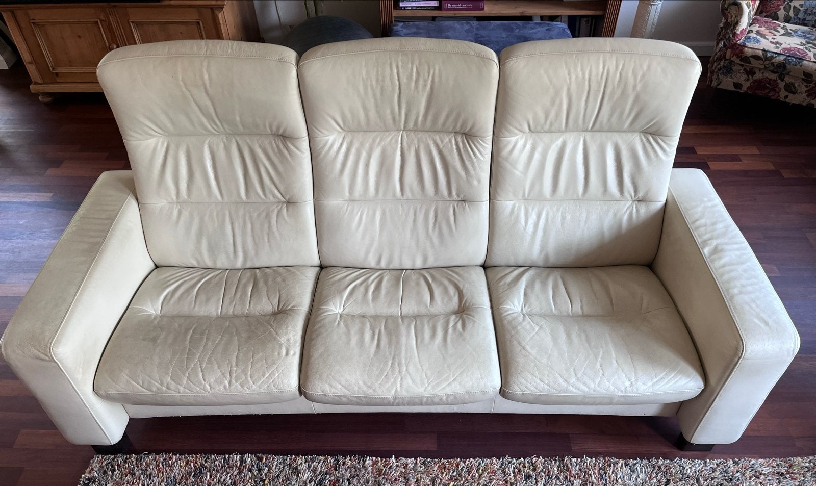 Stressless 3-zitsbank wit leder, Ophalen, Gebruikt, Driepersoons, Rechte bank