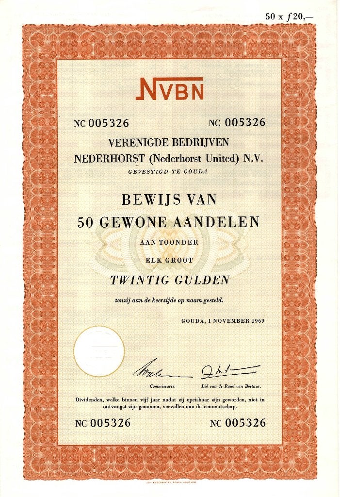 Aandeel Nederhorst - Bouwconcern te Gouda, Ophalen of Verzenden, 1950 tot 1970, Aandeel