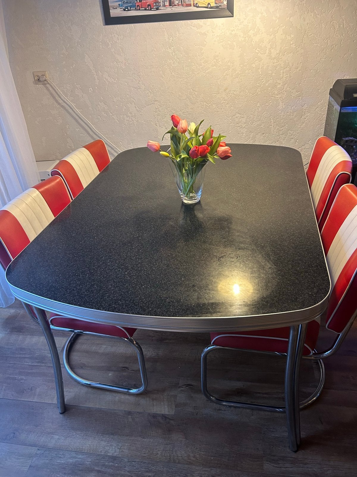 Retro eettafel met 4 stoelen - Jaren '50 Diner Stijl, Ophalen, Gebruikt, 100 tot 150 cm, Vier personen