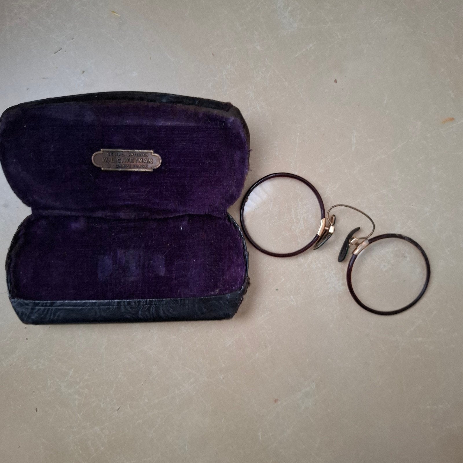 Antieke pince-nez met etui van W.L.C. Weimar, Ophalen of Verzenden