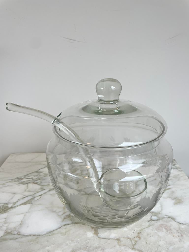 Mooie vintage bowlschaal met deksel en lepel, Overige typen, Ophalen of Verzenden, Overige stijlen, Glas