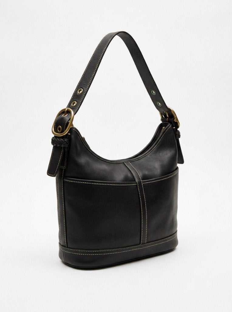 Coach Ergo Hobo zwart leer witte stiksels vintage, Ophalen of Verzenden, Gebruikt, Zwart, Schoudertasje