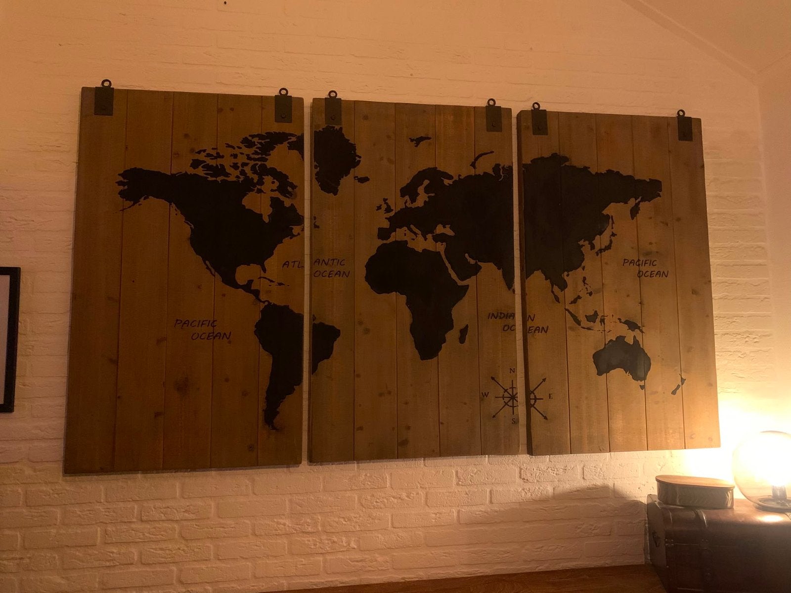 Houten Wereldkaart Wanddecoratie - 3 Panelen, Huis en Inrichting, Ophalen, Gebruikt, 120 cm, Hout