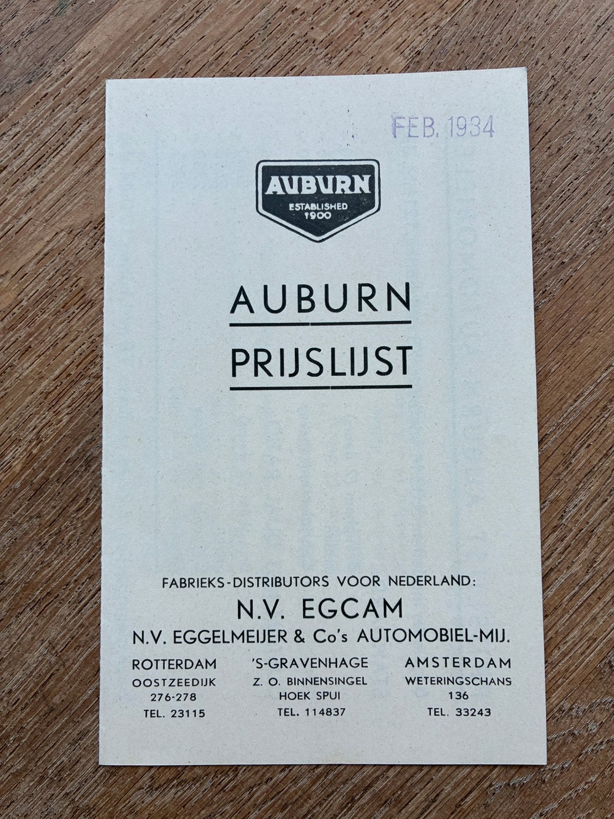 1934 Auburn prijslijst, Verzenden, Zo goed als nieuw, Overige merken