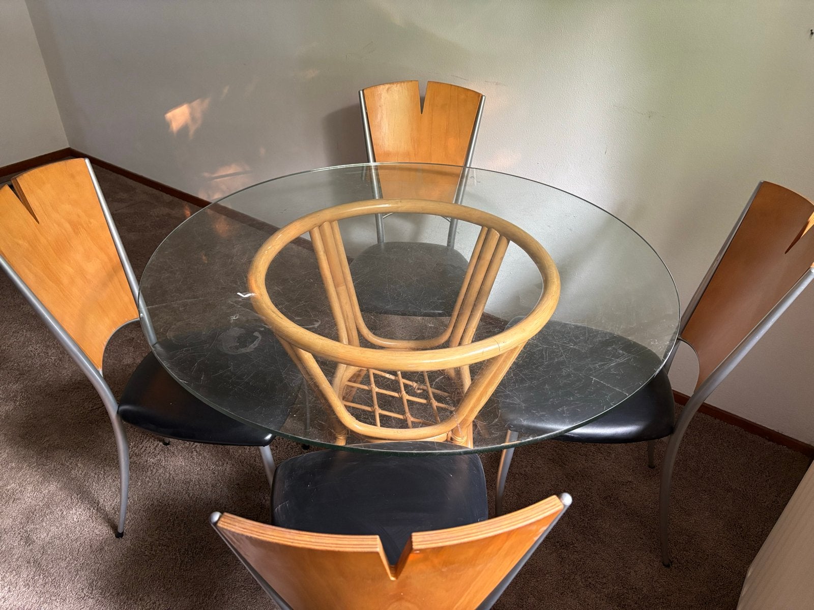 Glazen eettafel met 4 stoelen, Ophalen, Gebruikt, 100 tot 150 cm, Rond
