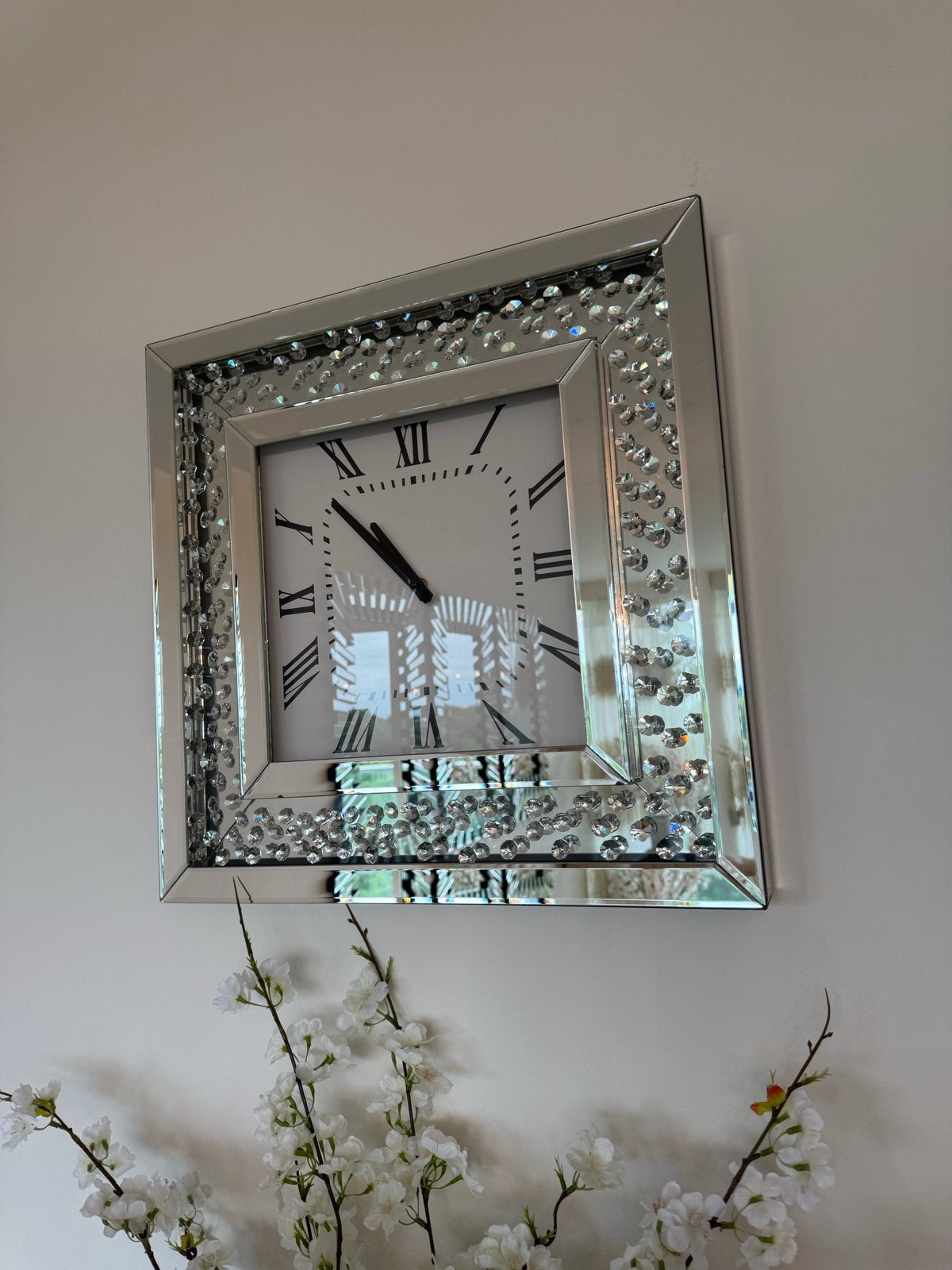 Moderne spiegel wandklok met kristallen, Ophalen, Wandklok, Analoog, Zo goed als nieuw