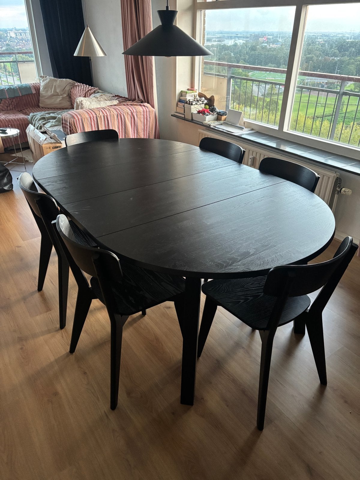 Uitschuifbare eettafel eikenhout + 6x IKEA LISABO stoelen, 100 tot 150 cm, Ophalen of Verzenden, Zo goed als nieuw, Vijf personen of meer