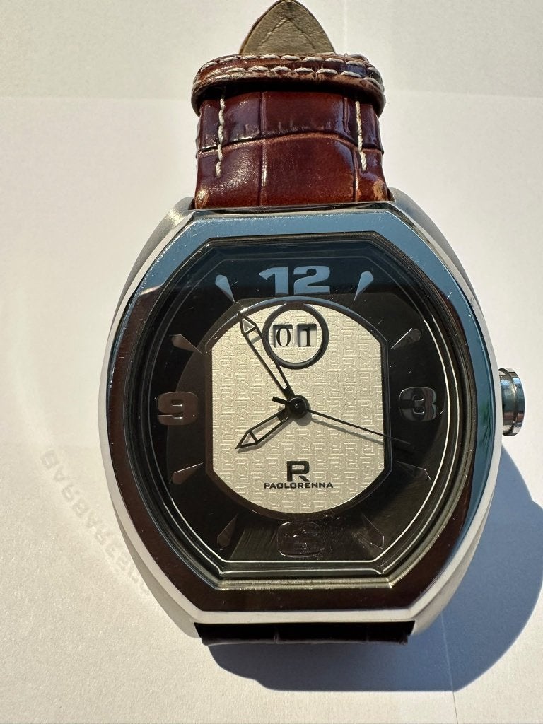 PaoloRenna Orologi Barbaresco quartz/date leren band, Leer, Staal, Polshorloge, Zo goed als nieuw