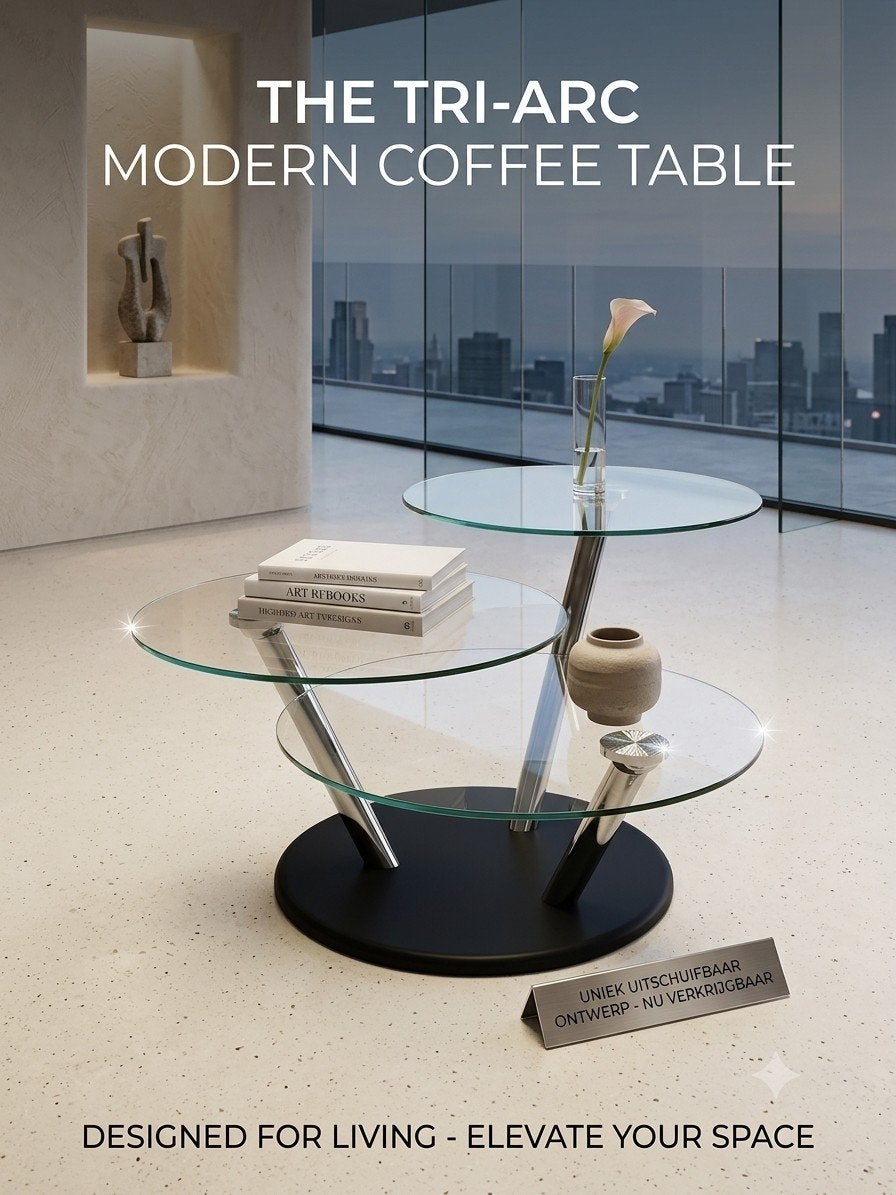 Moderne glazen salontafel - uitschuifbaar design, Huis en Inrichting, Tafels | Salontafels, 50 – 75, 50 tot 100 cm, Rond, Zo goed als nieuw
