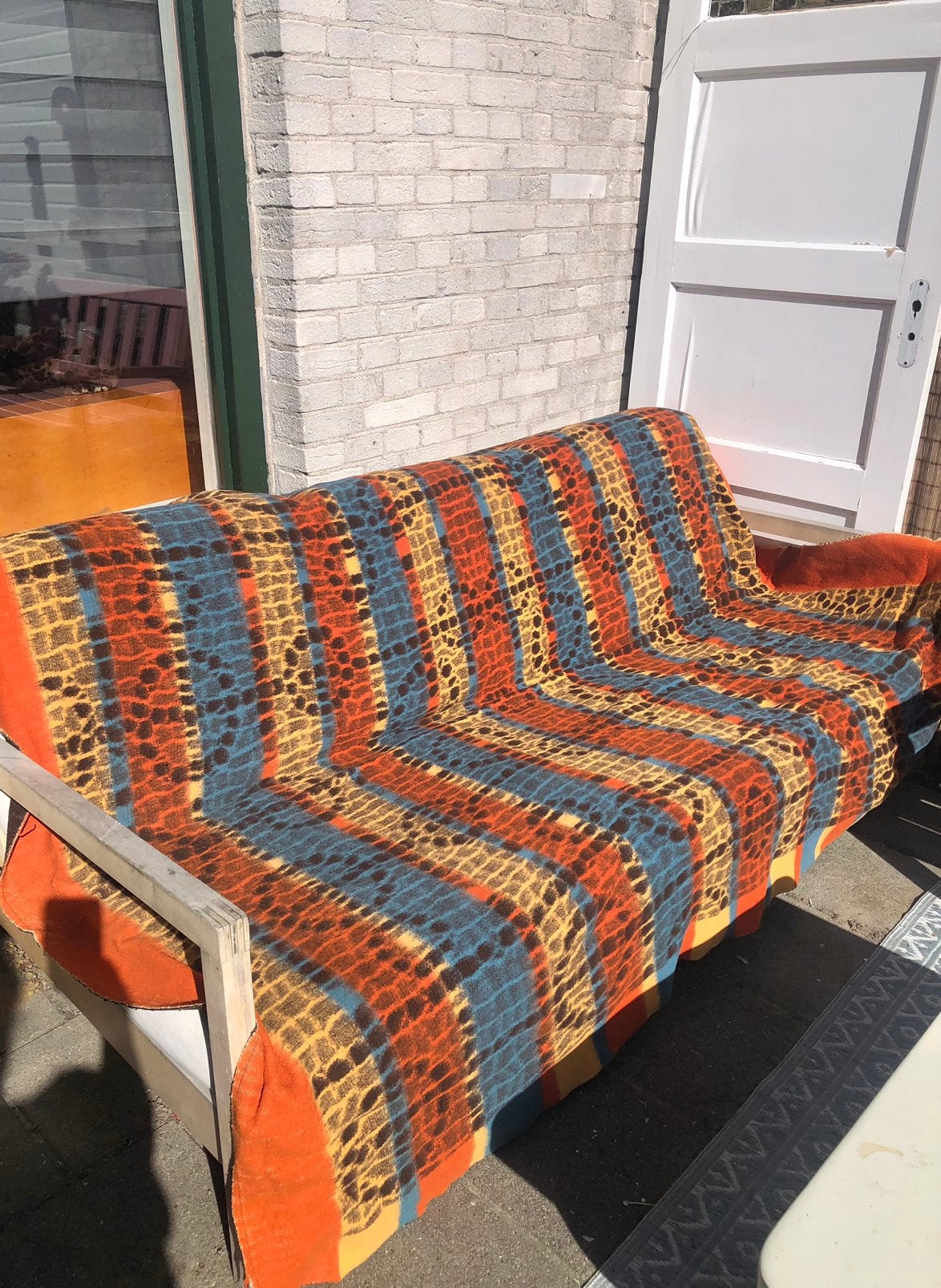 Tweepersoons vintage wollen deken, retro, oranje blauw bruin, Ophalen of Verzenden, Zo goed als nieuw