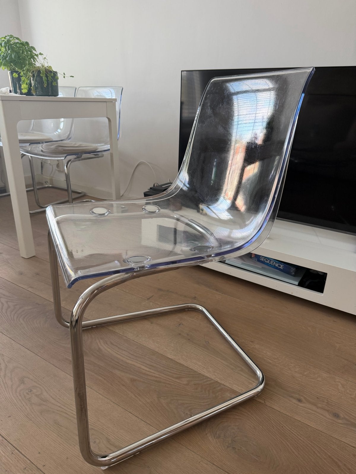 4x Ikea stoelen - Transparant met chromen onderstel, Kunststof, Gebruikt, Overige kleuren, Ophalen of Verzenden