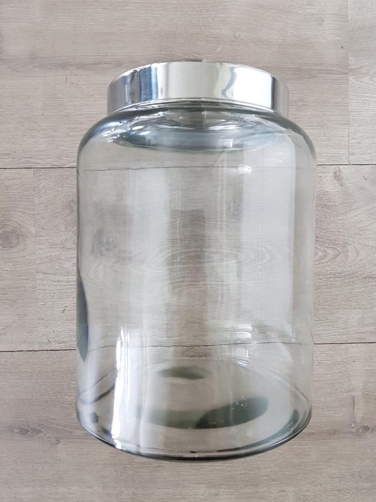 Glazen pot, luchtdicht zilverkleurig deksel, inhoud 5 liter, Ophalen of Verzenden, Nieuw, Glas, Pot, Bus of Blik